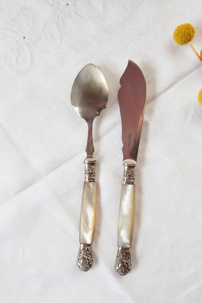 Antiguos cubiertos postre victorianos H.W. Ltd mangos nácar 1900 (2 PIEZAS) - Imagen 3