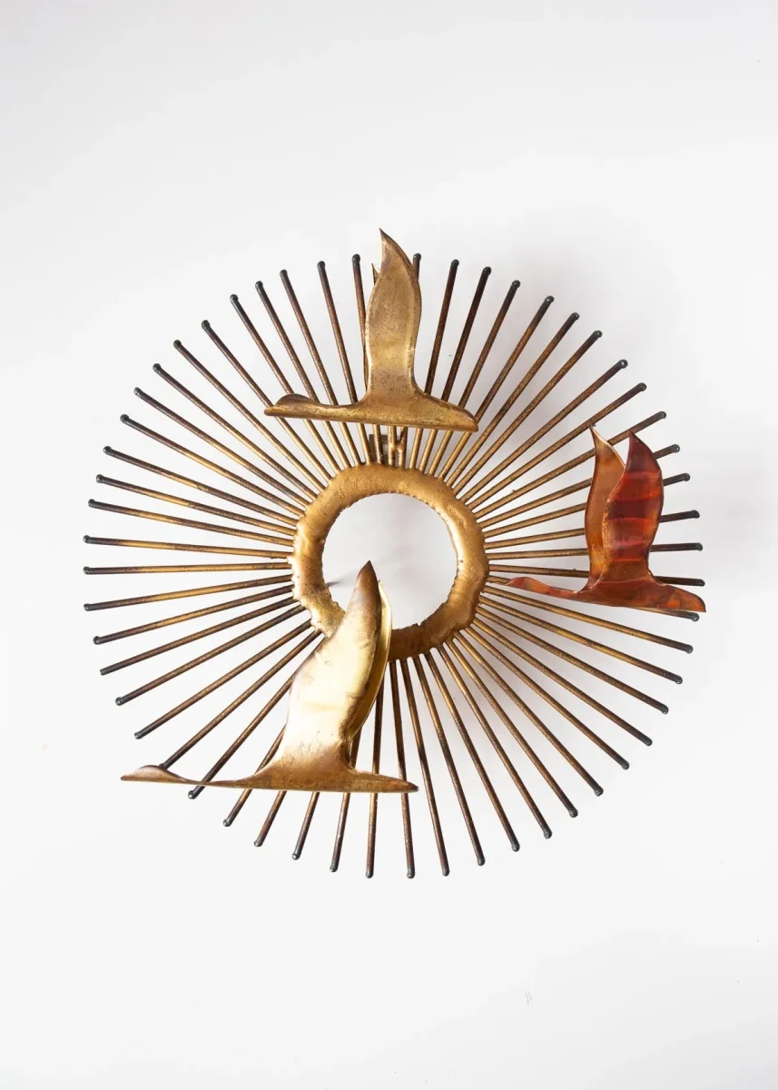 Escultura sol pájaros metal atribuida Curtis Jeré años 60/70 (26 cm)
