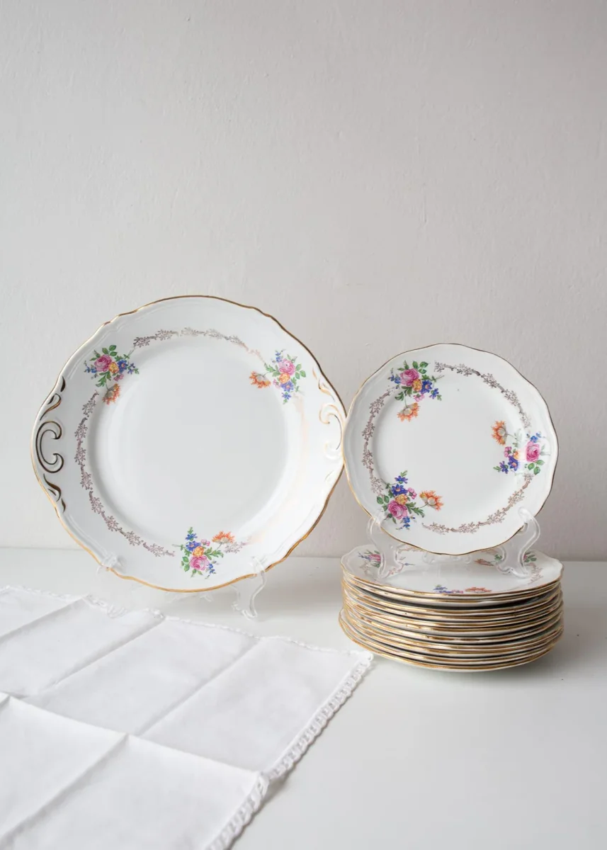 Antiguo juego postre francés para 12 loza L'Amandinoise c. 1900-1930 (13 PIEZAS)